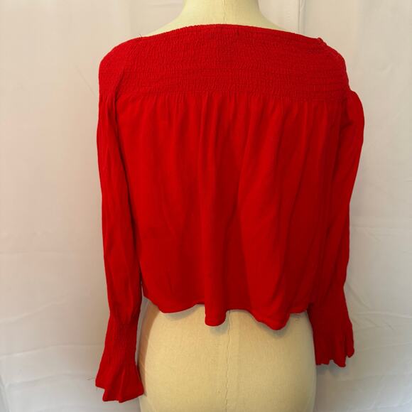 Forever 21 Red Smocked Off Shoulder Long Sleeve Blouse Women's Small - Picture 2 of 4